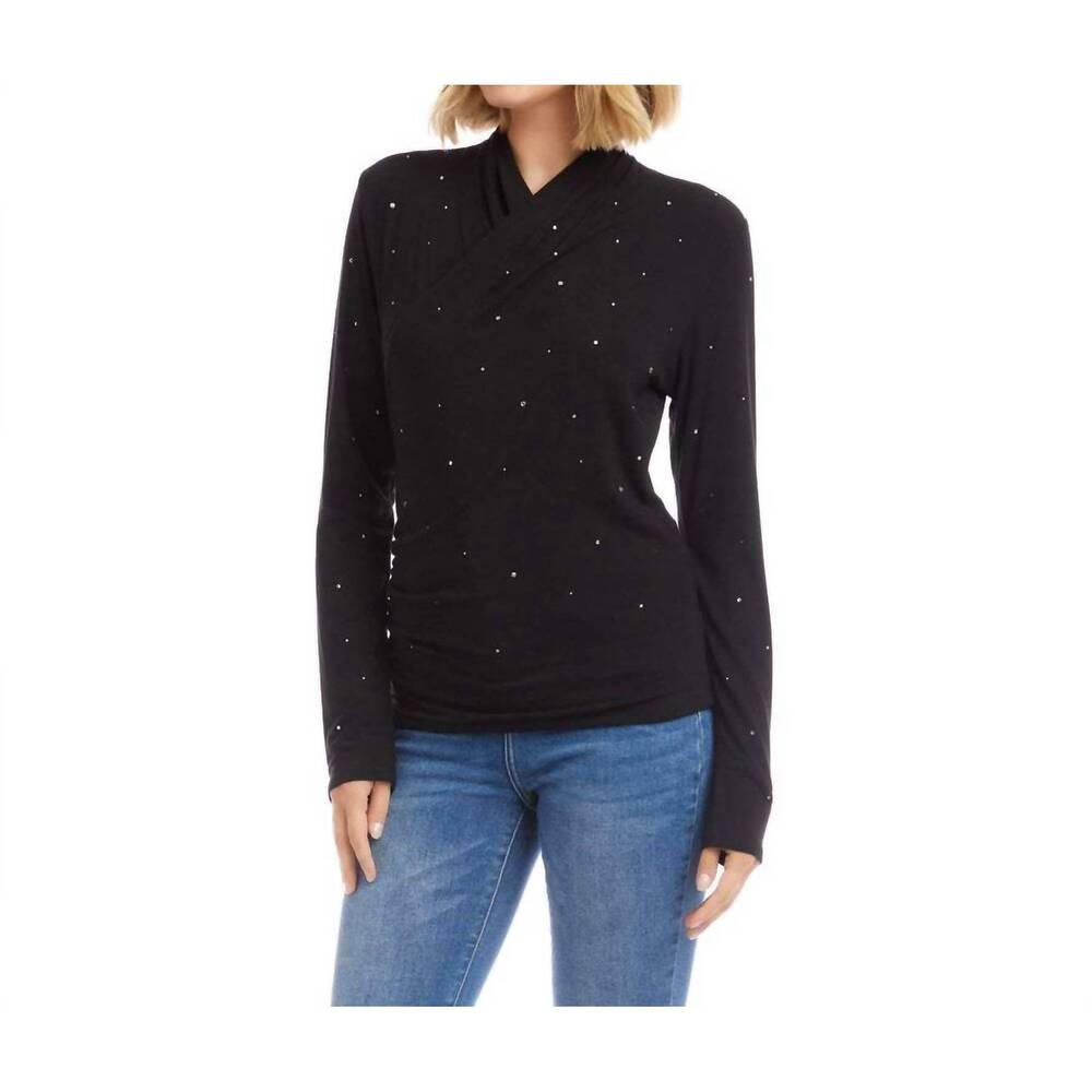 NEW KAREN KANE long sleeve embellished drape front crossover top in black